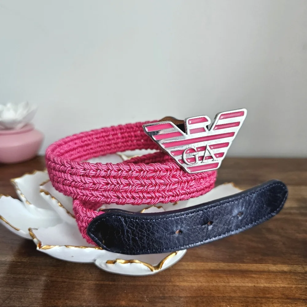 Rare Giorgio Armani Kid's Elastic Waist Pink Braided Logo Eagle Buckle Belt